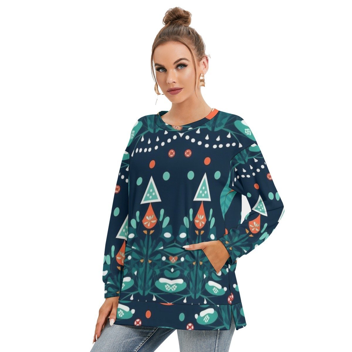 All-Over Print Women's Side Split O-neck Sweatshirt - Image 3