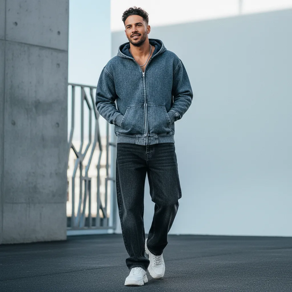 Men’s Washed Denim Zip Hoodie|380GSM DTG-LIGHT BLUE COLOR